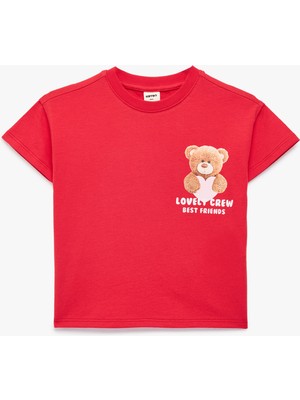 Koton Pamuklu Kısa Kollu Bisiklet Yaka Kalpli Ayıcık Baskılı Tişört