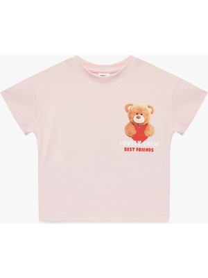 Koton Pamuklu Kısa Kollu Bisiklet Yaka Kalpli Ayıcık Baskılı Tişört