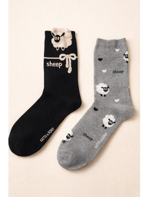 Kadın 2'li Kuzu Desenli Soket Çorap Gri Mix