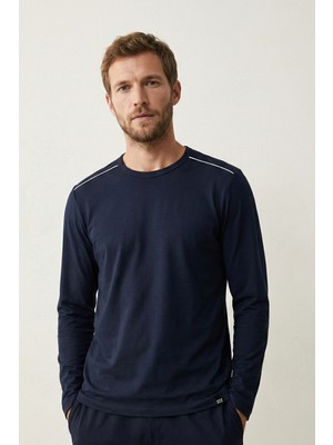 elemge %100 Pamuk Süprem Uzun Kollu Pijama Üstü Erkek T-Shirt Compact Penye Rahat Kalıp Tok Kumaş Lacivert