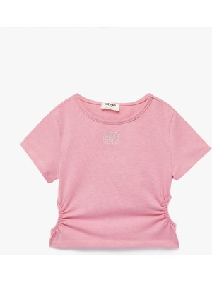 Koton Bisiklet Yaka Slim Fit Kalpli Taşlı Büzgü Detaylı Pamuklu Kısa Kollu Crop Bluz