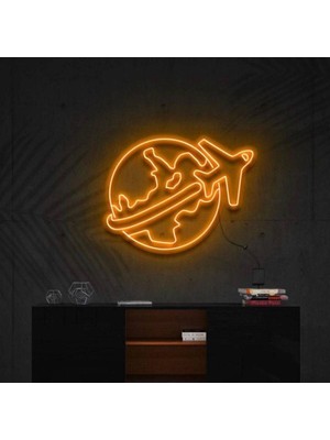 Biz Bu İşin Keyif Kısmındayız Dünya ve Uçak Figürlü Neon Tabela
