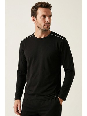 Elemge %100 Pamuk Süprem Uzun Kollu Pijama Üst Erkek T-Shirt Compact Penye Rahat Kalıp Tok Kumaş Siyah