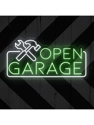 Biz Bu İşin Keyif Kısmındayız Open Garage Yazılı ve Şekilli Neon Tabela