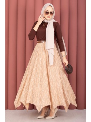 Md Asimetrik Kesim Dantel Desenli Etek Vizon