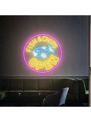Biz Bu İşin Keyif Kısmındayız Fısh&chıps Open Yazılı ve Şekilli Neon Tabela