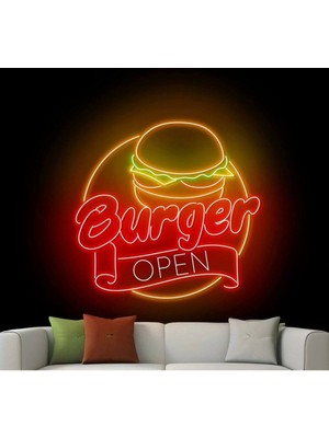 Biz Bu İşin Keyif Kısmındayız Burger Open Yazılı ve Şekilli Neon Tabela
