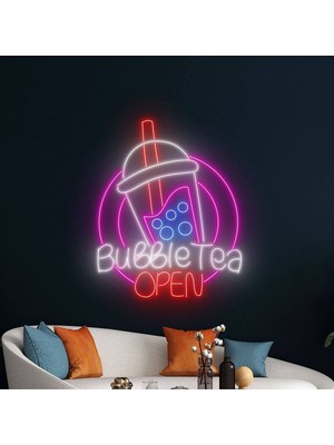 Biz Bu İşin Keyif Kısmındayız Bubble Tea Open Yazılı ve Şekilli Neon Tabela