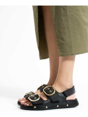 Waykon Moda Mia Siyah Spor Altın Tokalı Kadın Sandalet