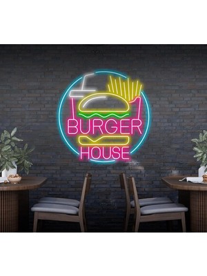 Biz Bu İşin Keyif Kısmındayız Burger House Yazılı ve Şekilli Neon Tabela