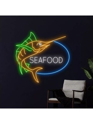 Biz Bu İşin Keyif Kısmındayız Seafood Yazılı ve Şekilli Neon Tabela