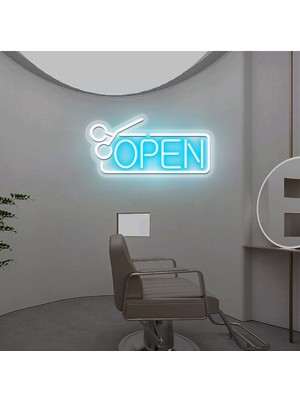 Biz Bu İşin Keyif Kısmındayız Open Yazılı Makas Figürlü Neon Tabela