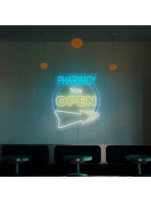 Biz Bu İşin Keyif Kısmındayız Pharmacy Now Open Yazılı ve Şekilli Neon Tabela