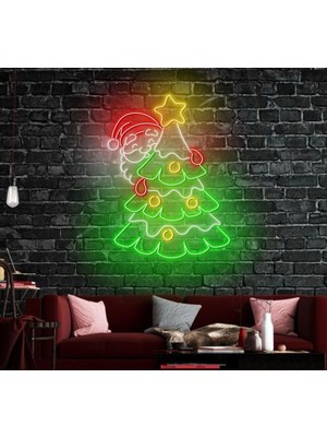 Biz Bu İşin Keyif Kısmındayız Noel Baba ve Yılbaşı Ağacı Figürlü Neon Tabela