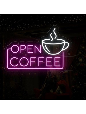 Biz Bu İşin Keyif Kısmındayız Open Coffee Yazılı ve Şekilli Neon Tabela
