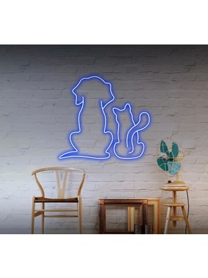 Biz Bu İşin Keyif Kısmındayız Kedi ve Köpek Figürlü Neon Tabela