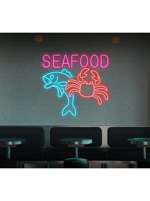 Biz Bu İşin Keyif Kısmındayız Seafood Yazılı ve Şekilli Neon Tabela
