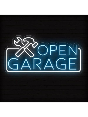 Biz Bu İşin Keyif Kısmındayız Open Garage Yazılı ve Şekilli Neon Tabela