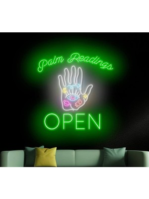 Biz Bu İşin Keyif Kısmındayız Palm Readings Open Yazılı ve Şekilli Neon Tabela