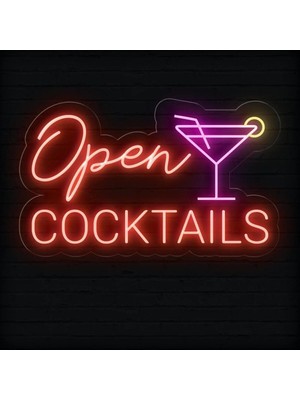 Biz Bu İşin Keyif Kısmındayız Open Cocktaıls Yazılı ve Şekilli Neon Tabela