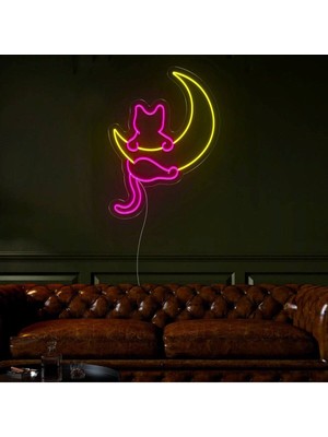 Biz Bu İşin Keyif Kısmındayız Kedi ve Ay Figürlü Neon Tabela