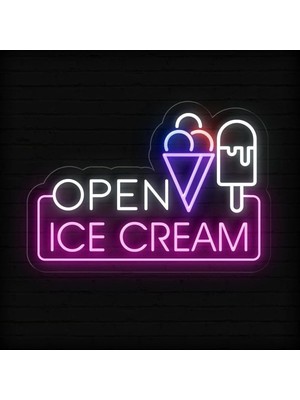 Biz Bu İşin Keyif Kısmındayız Open Ice Cream Yazılı ve Şekilli Neon Tabela