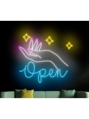 Biz Bu İşin Keyif Kısmındayız Open Yazılı ve Şekilli Neon Tabela
