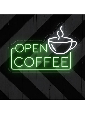 Biz Bu İşin Keyif Kısmındayız Open Coffee Yazılı ve Şekilli Neon Tabela