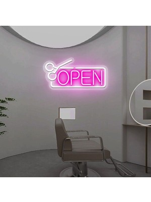 Biz Bu İşin Keyif Kısmındayız Open Yazılı Makas Figürlü Neon Tabela