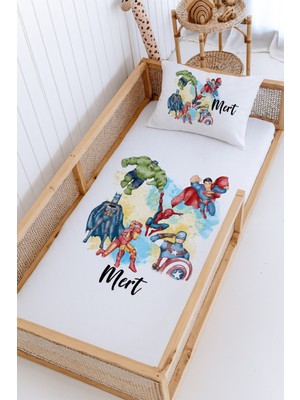 Lilabio %100 Pamuk Isme Özel Montessori Yatak Pike Seti 100X200 Super Kahramanlar