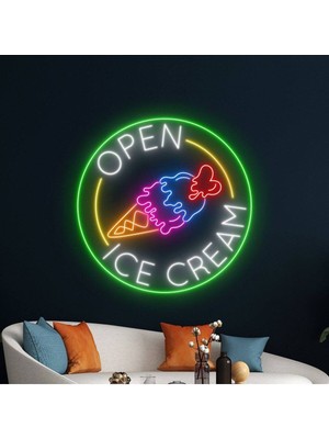 Biz Bu İşin Keyif Kısmındayız Open Ice Cream Yazılı ve Şekilli Neon Tabela