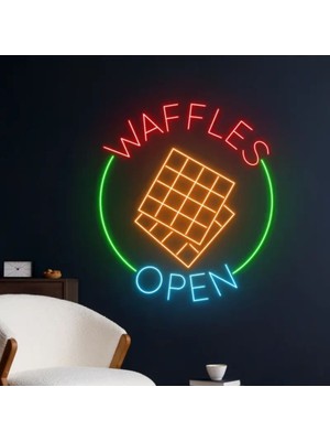 Biz Bu İşin Keyif Kısmındayız Waffles Open Yazılı ve Şekilli Neon Tabela