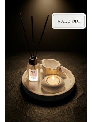 Zuri Design Vanilya 50 ml Cam Şişe Oda Kokusu Mum ve Altlıklı Dekoratif Set - Sunum Tepsisi Seti
