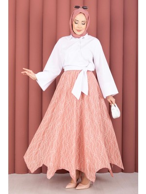 Md Asimetrik Kesim Dantel Desenli Etek Gülkurusu