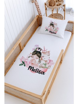 Lilabio %100 Pamuk Isme Özel Montessori Yatak Pike Seti 100X200 Prenses ve Unicorn