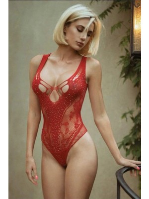Amora Secret Özel Tasarım  Özel Tasarım Kırmızı Taşlı Fantezi Body Vücut Çorabı