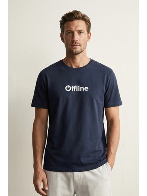 Elemge %100 Pamuk Süprem Compact Penye Erkek Pijama Üst T-Shirt Rahat Kalıp Lacivert Kısa Kol Offline Baskı