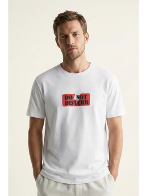 Elemge %100 Pamuk Süprem Compact Penye Erkek Pijama Üst T-Shirt Rahat Kalıp Beyaz Kısa Kol Do Not Disturb