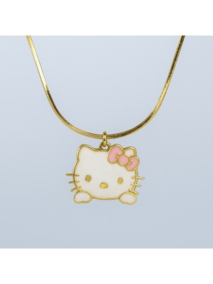 DMR Elegance 925 Ayar Hello Kitty Figürlü Beyaz ve Pembe Mine Detaylı Altın Kaplama Gümüş Kolye