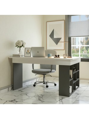 Misterium Atlas L Köşe Kitaplıklı Bilgisayar ve Çalışma Masası - Antrasit Beyaz