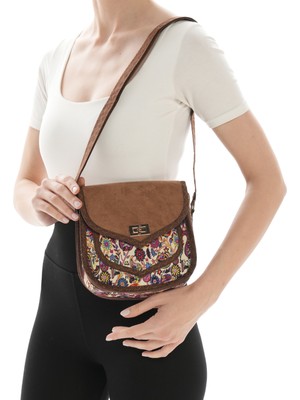 Missbag Kadın El Yapımı Etnik Desenli Kilit Kapama Küçük Boy Askılı Kahve Omuz Çantası