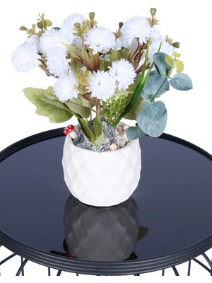 Yapay Çiçek Sitesi Beton Saksıda Yapay Top Krizantem Beyaz