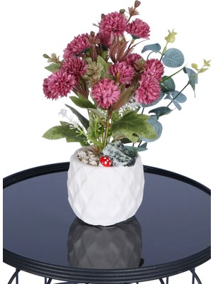 Yapay Çiçek Sitesi Beton Saksıda Yapay Top Krizantem Bordo