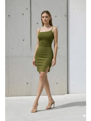 Cuyka Kadın Askılı Ithal Krep Yırtmaçlı Mini Elbise