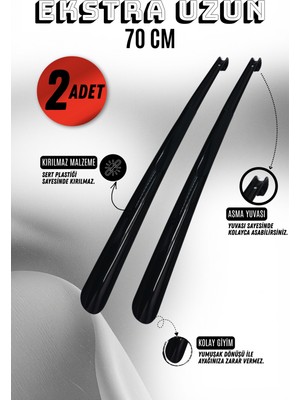 Onur 2 Adet - Siyah 70 cm Ayakkabı Çekeceği | Sert Plastik Asılabilir Çekecek Yumuşak Kerata Uzun