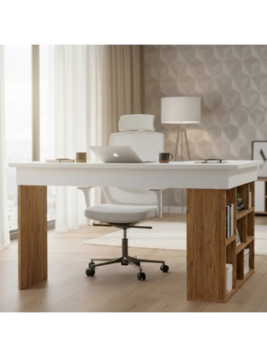 Misterium Atlas Kitaplıklı Bilgisayar ve Çalışma Masası - Atlantik Çam Beyaz