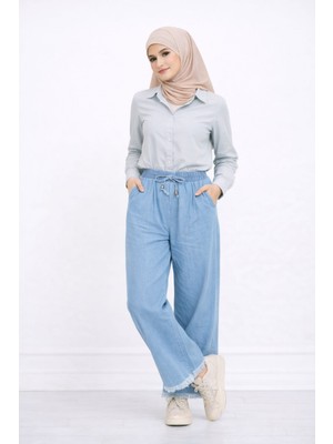 SFG Life Moda Kadın Paçaları Püsküllü ve Önü Bağcıklı Kot Kumaş Salaş Jeans Pantolon