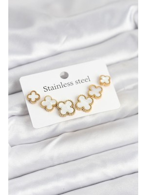 Vice Avm 316L Çelik Gold Beyaz Renk 3 Boy Yonca Küpe Seti - TJ-BKP11237 TG-V 10895