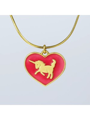 DMR Elegance 925 Ayar Unicorn Figürlü Kırmızı Kalp Mine Detaylı Altın Kaplama Gümüş Kolye