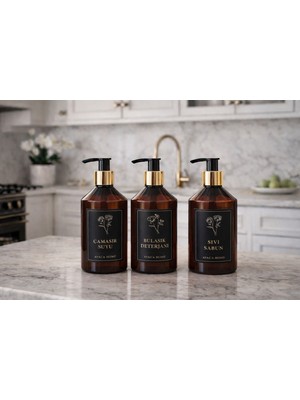 Ayça Home 3'lü Amber Premium Gold Kapaklı Sıvı Sabun,çamaşır Suyu ve Bulaşık Deterjanı Etiketli 500 ml Plastik Şişe